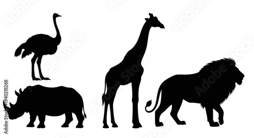 African Safari Animals Silhouettes Vector Set: Ostrich, Rhinoceros, Giraffe, Lion