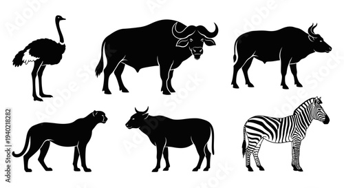 African Safari Animals Silhouettes Vector Set. Wildlife collection including buffalo, zebra, ostrich, and big cats.