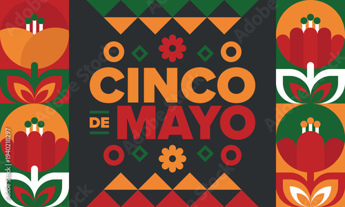 Cinco de Mayo in Mexico. Traditional mexican fiesta in May. National happy holiday with carnival, festival and parade. Latin american and spanish pattern. Illustration with sombrero. Vector poster