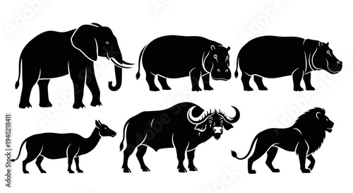 African Wildlife Silhouettes Collection: Elephant, Hippo, Buffalo, Lion, and More