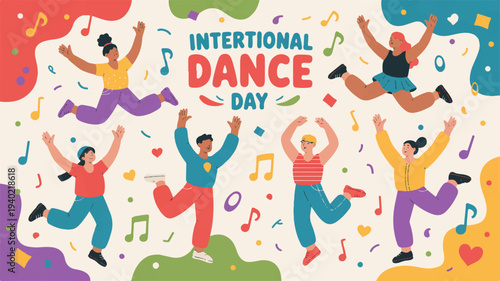 People dancing in celebration of international dance day with colorful musical notes and shapes