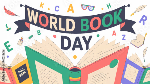 Vibrant world book day celebration with colorful books and letters