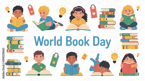 Children celebrating world book day with books and light bulbs reading and learning together