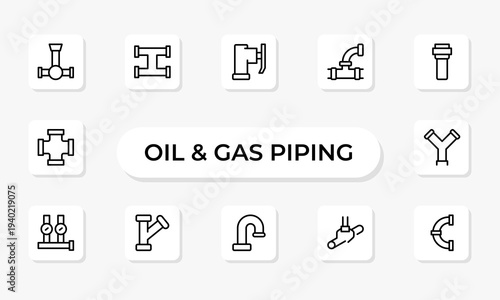 Oil and Gas Piping Components Line Icon Set – Refinery Valves, Pipeline Parts and Engineering Fittings Outline Vector Icons, Editable Stroke, Pixel Perfect