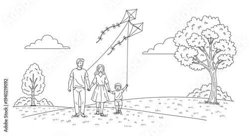 Family of three flying a kite in a park, black and white line art vector illustration for coloring books, web design, or educational materials