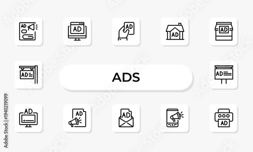 Advertising and Marketing Line Icon Set for Digital Campaign, Market Strategy, Promotion and Brand Communication Outline Vector Collection