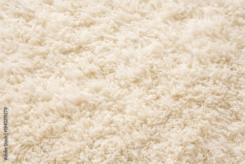 A close-up view of a soft and fluffy white carpet texture