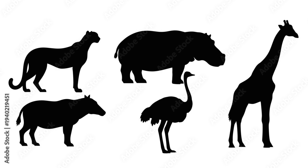 Obraz premium African Wildlife Silhouettes Collection: Leopard, Hippo, Warthog, Ostrich, Giraffe