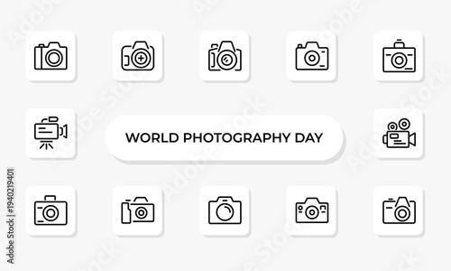 World Photography Day Line Icon Set for Camera, Creative Photography, Photo Studio, Media and Visual Art Celebration Outline Vector Collection