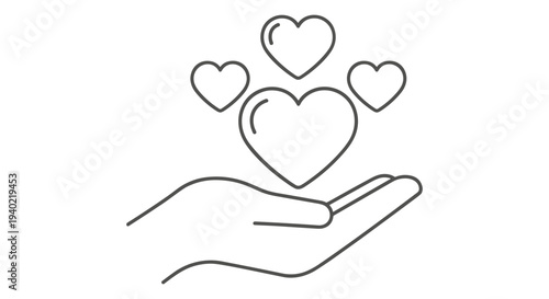 Outline vector icon of an open hand holding a large heart with three smaller hearts floating above, symbolizing love, care, and generosity for web and app design