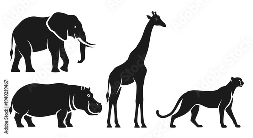 African Wildlife Silhouettes: Elephant, Giraffe, Hippopotamus, Cheetah Set