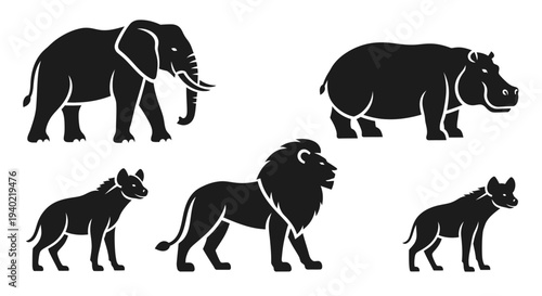 African Wildlife Silhouettes: Elephant, Lion, Hippopotamus, and Hyena Icons