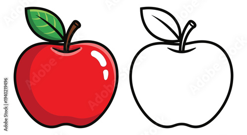 Vibrant Red Apple and Outline Vector Illustration Set for Healthy Eating, Education, and Kids' Coloring Activities