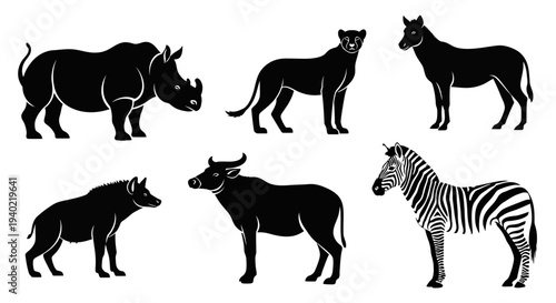 African Wildlife Silhouettes Set: Safari Animals Collection - Rhinoceros, Big Cat, Zebras, Hyena, Wildebeest