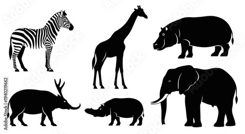 African Wildlife Silhouettes Set: Zebra, Giraffe, Elephant, Hippo, and Antelope