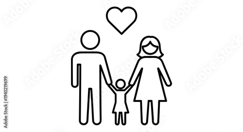 Simple black outline vector icon of a family unit with parents and one child holding hands, featuring a heart symbol above, ideal for love, care, and relationship concepts.
