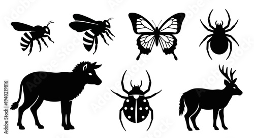 Animal Silhouettes Collection: Diverse Insects and Wildlife Vector Icons Set