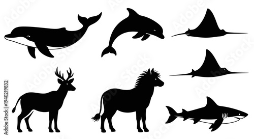 Animal Silhouettes Collection: Marine and Land Wildlife Icons Set