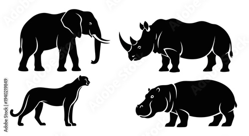 Big Wild Animals Silhouettes Set: Elephant, Rhinoceros, Panther, Hippopotamus