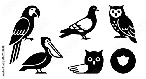 Bird Icons Set Black and White Vector Illustration