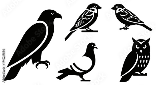 Bird Silhouettes Collection: Eagle, Sparrows, Pigeon, and Owl Vector Icons