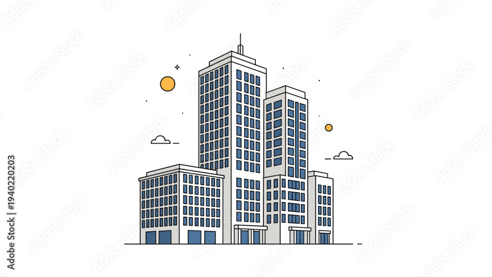 Fototapeta premium Modern office building complex features three interconnected skyscrapers of varying heights in a clean architectural line art style.