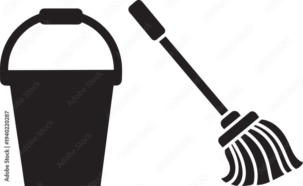 Fototapeta premium Cleaning Icon Set – Household Mop and Bucket Symbol