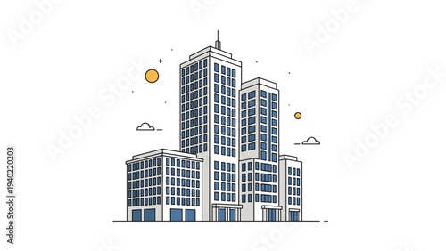 Modern office building complex features three interconnected skyscrapers of varying heights in a clean architectural line art style.