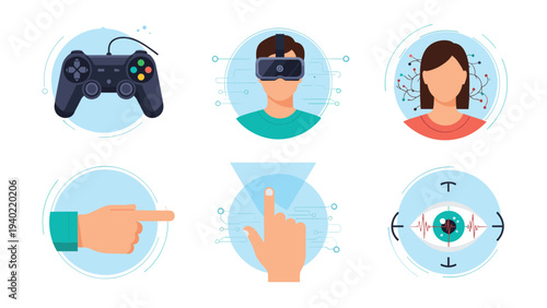 Infographic icons for virtual reality and gaming include a controller, a headset, touch gestures, and eye tracking technology.