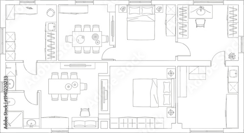 Apartment floor plan architectural drawing with furniture layout showing bedrooms, living room, kitchen and bathroom for residential interior design blueprint concept