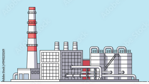 Industrial factory complex features large smoke stacks and storage containers under a clear blue sky in flat design style.