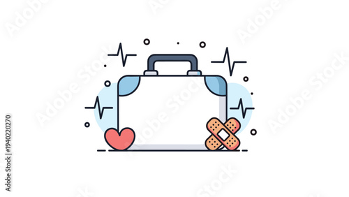 First aid kit medical bag is shown as an icon with a red heart, two bandages, and a pulse line against a blue background shape.