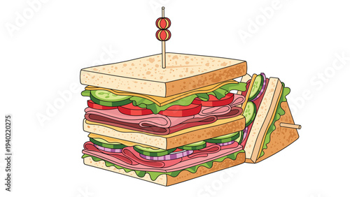 Multilayered club sandwich is packed with ham, cheese, tomato, cucumber, and lettuce held together by a wooden skewer with beads.