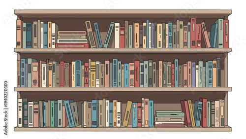 Wooden library bookshelf is densely packed with a wide variety of colorful books in different sizes and binding styles.