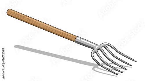 Traditional garden pitchfork with sharp metal tines and a smooth wooden handle casts a soft shadow on a white surface.