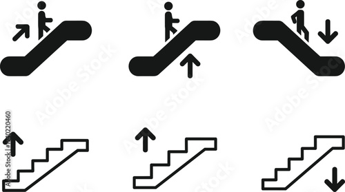 Escalator and staircase direction icons set with people symbols, up and down arrows, public transport navigation signs for metro, mall and airport wayfinding