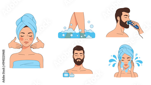 Personal care and hygiene icons depict face massage leg shaving beard grooming and washing face in a clean vector style.