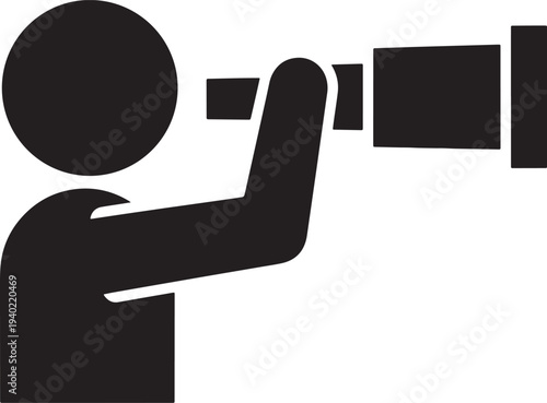 Observer Silhouette Icon, Person Holding Telescope Representing Exploration, Observation, Discovery And Vision