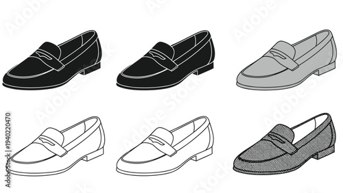 Classic men leather loafers presented in multiple artistic versions from solid black to detailed stippling and lines.