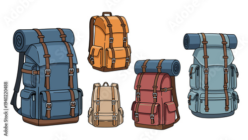 Collection of hiking and camping backpacks in different colors and sizes designed for outdoor adventure and travel.