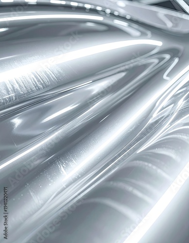 Abstract dynamic background featuring flowing silver and white light streaks.