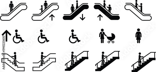 Escalator, stairs, wheelchair accessibility and pedestrian movement icons set with people symbols, public building navigation signs for metro, mall and facility wayfinding