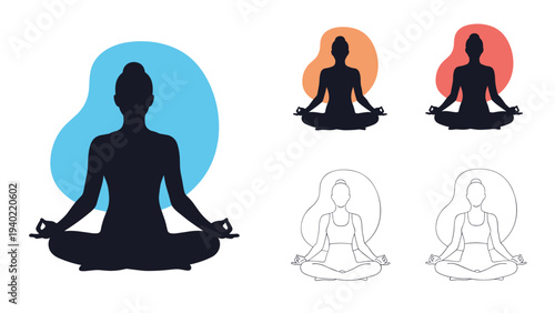Silhouettes and outlines of a woman in a lotus yoga pose are presented in various styles for wellness and fitness design.