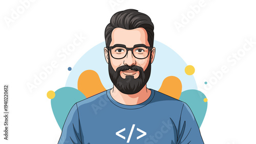Portrait of a friendly bearded man wearing glasses and a programmer t shirt with a code symbol against a backdrop.