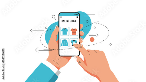 Two hands hold a smartphone displaying an online store interface with various t shirts against a dynamic background.