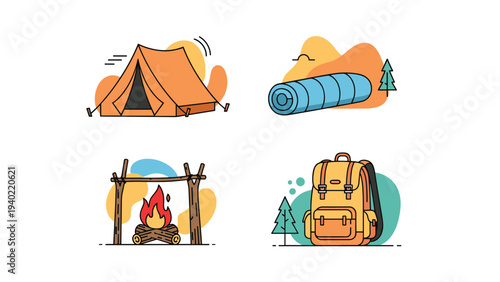 Selection of camping and outdoor equipment icons including a tent sleeping bag campfire and backpack in flat design.