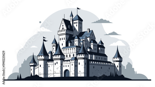 Magnificent medieval castle with multiple towers spires and flags stands prominently against a cloudy grey sky in flat style.