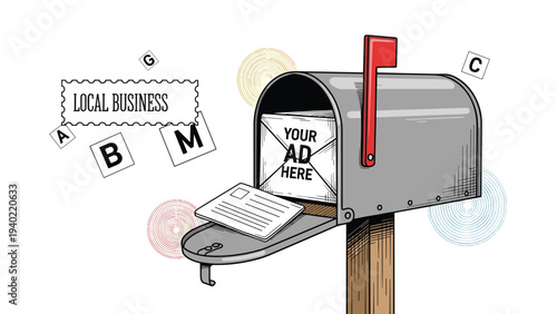 Grey metal mailbox on a wooden post is filled with mail and a large advertisement flyer for a local small business.