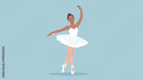 Young ballerina in white tutu and ballet shoes dancing on light blue background with one arm raised
