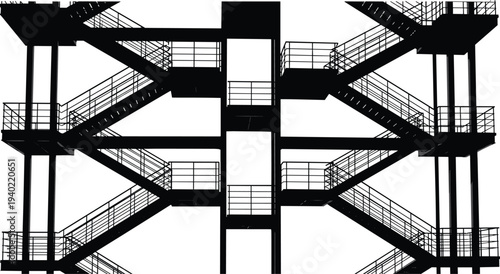 Industrial metal staircase structure silhouette with multiple levels and railings, architectural fire escape stairs for factory, building safety and urban infrastructure design